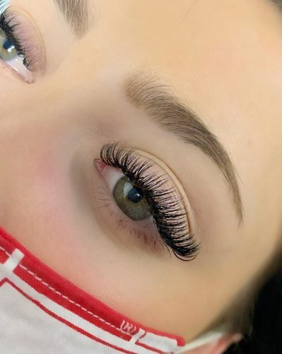 close-up of volume eyelash extensions on woman